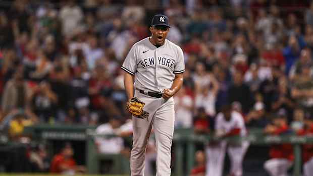 New York Yankees RP Wandy Peralta celebrates win over Boston Red Sox
